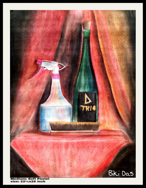 Still-life dry pastel painting titled 'Only 3 product', 30x22 inches, by artist Biki Das on Handmade Paper