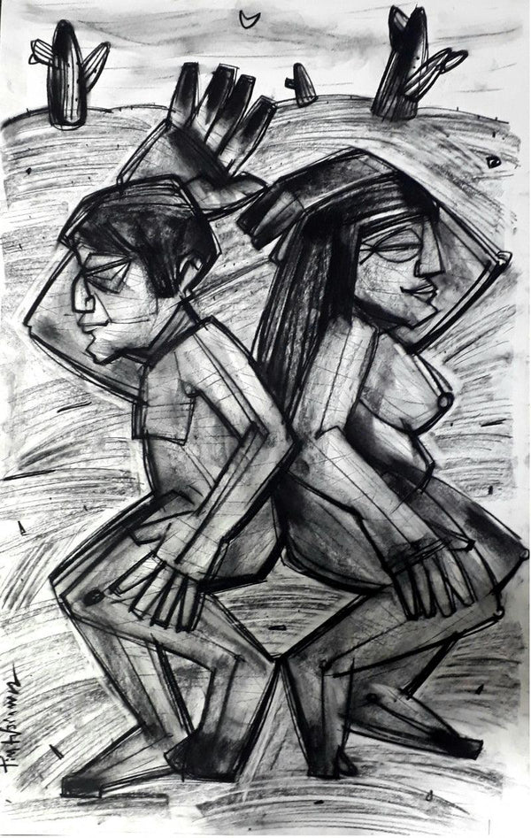 Figurative charcoal drawing titled 'Opposite', 27x17 inches, by artist Pintu Biswas on 300 Gsm Paper