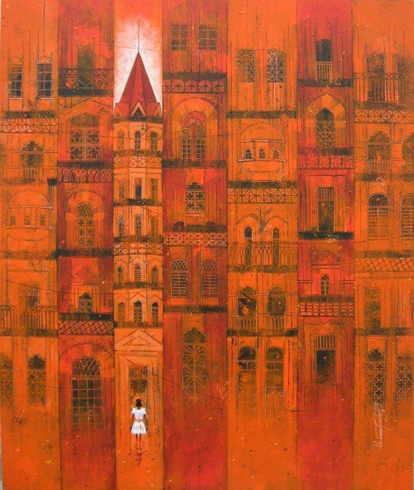 Cityscape acrylic painting titled 'Orange City', 36x30 inches, by artist Suresh Gulage on Canvas