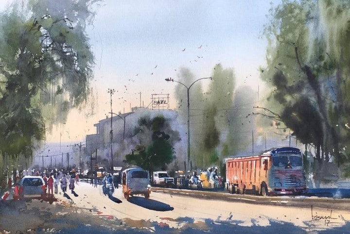 Cityscape watercolor painting titled 'Orange Container Of Nagpur', 22x14 inches, by artist Bijay Biswaal on Paper