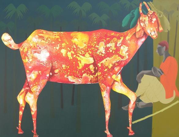 Figurative acrylic painting titled 'Orange Goat', 48x36 inches, by artist Abhiram Bairu on Canvas