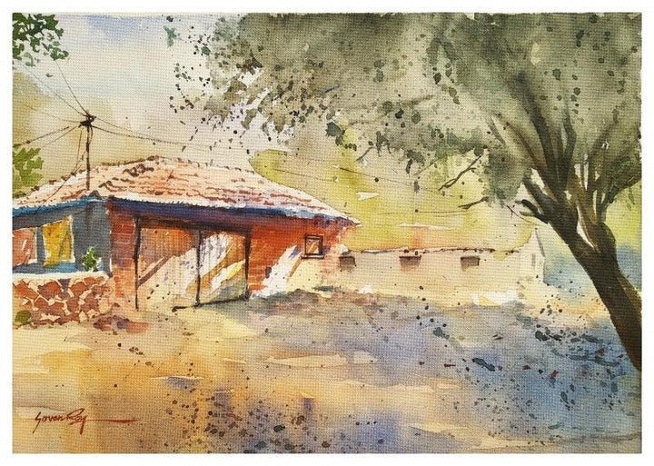 Landscape watercolor painting titled 'Orange Hut', 20x14 inches, by artist Soven Roy on Handmade paper