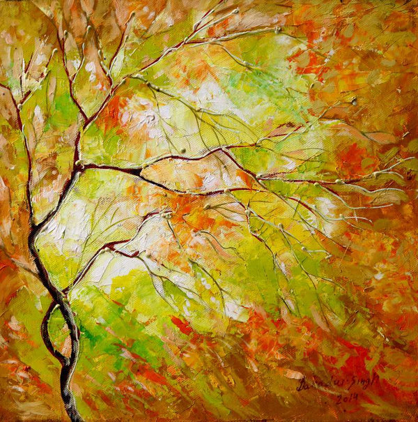 Nature oil painting titled 'Orange Nature', 30x30 inches, by artist Bahadur Singh on Canvas