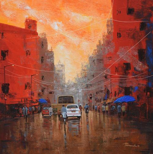 Cityscape acrylic painting titled 'Orange Sky', 24x24 inches, by artist Purnendu Mandal on Canvas