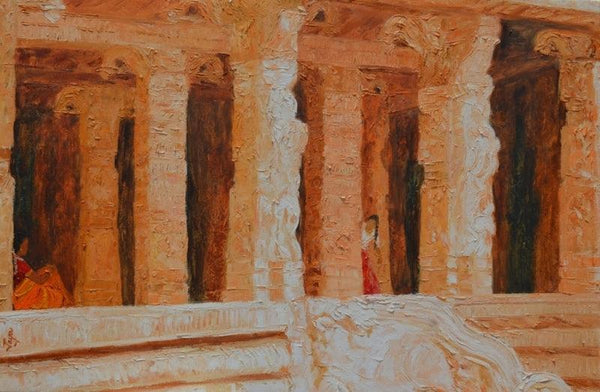 Cityscape oil painting titled 'Orange Temple', 24x36 inches, by artist Jaya Javeri on Canvas