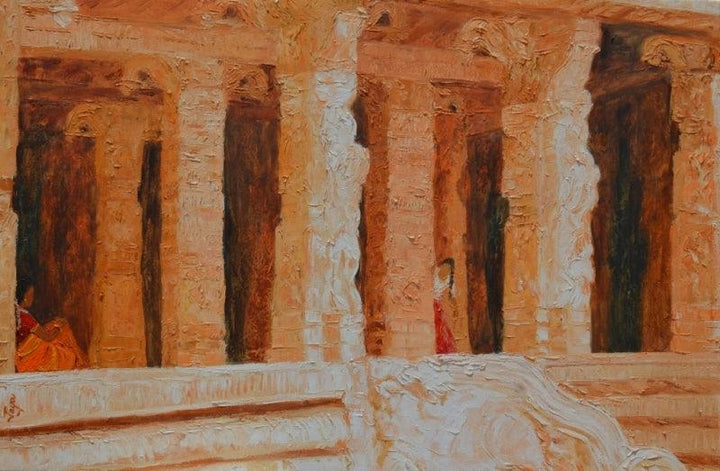 Cityscape oil painting titled 'Orange Temple', 24x36 inches, by artist Jaya Javeri on Canvas