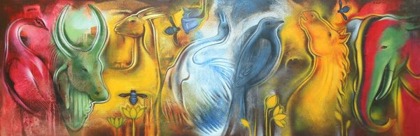 Animals acrylic painting titled 'Origin Of Swara', 30x90 inches, by artist Balaji Ubale on Canvas