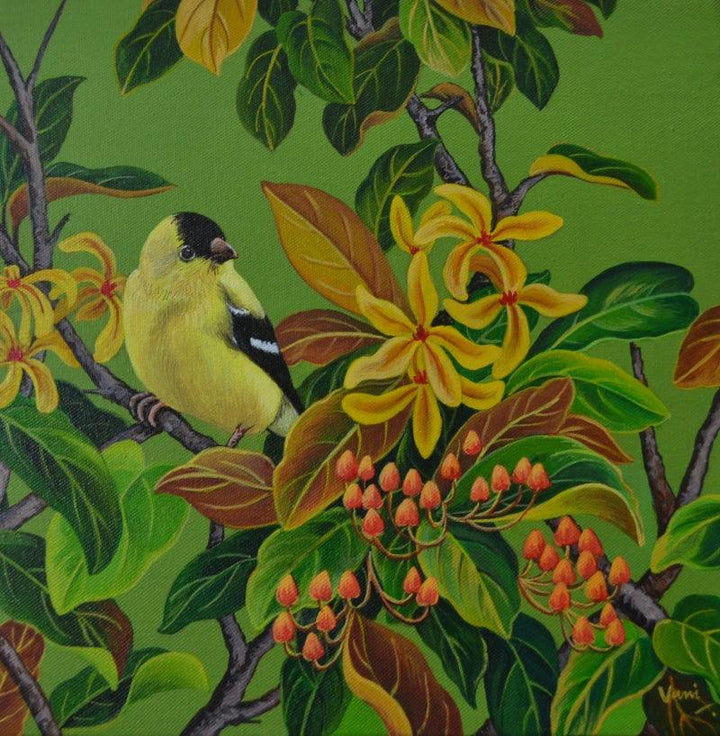 Nature acrylic painting titled 'Oriole 3', 12x12 inches, by artist Vani Chawla on Canvas