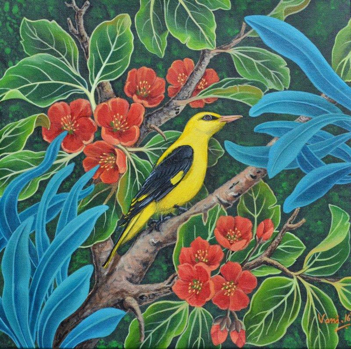 Nature acrylic painting titled 'Oriole Bird 2', 15x15 inches, by artist Vani Chawla on canvas