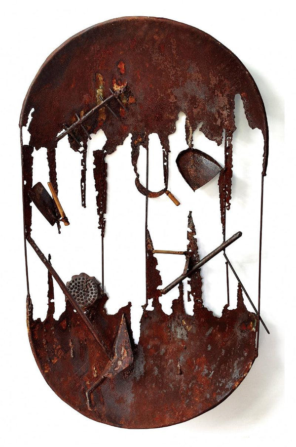 contemporary sculpture titled 'Out Of Date ii', 38x22x6 inches, by artist Chintada Eswararao on Iron, Rust, Wood