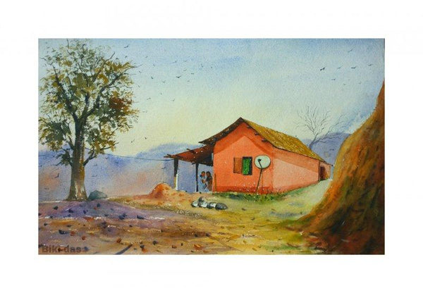 Landscape watercolor painting titled 'Outdoor', 14x22 inches, by artist Biki Das on Paper