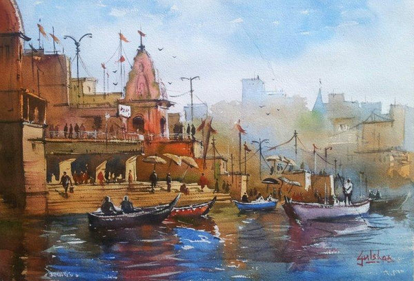 Scenic watercolor painting titled 'Overflowing Devotion', 18x13 inches, by artist Gulshan Achari on Paper