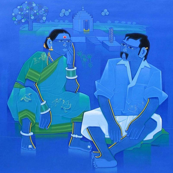 Figurative acrylic painting titled 'Overhear', 33x33 inches, by artist Tailor Srinivas on Canvas