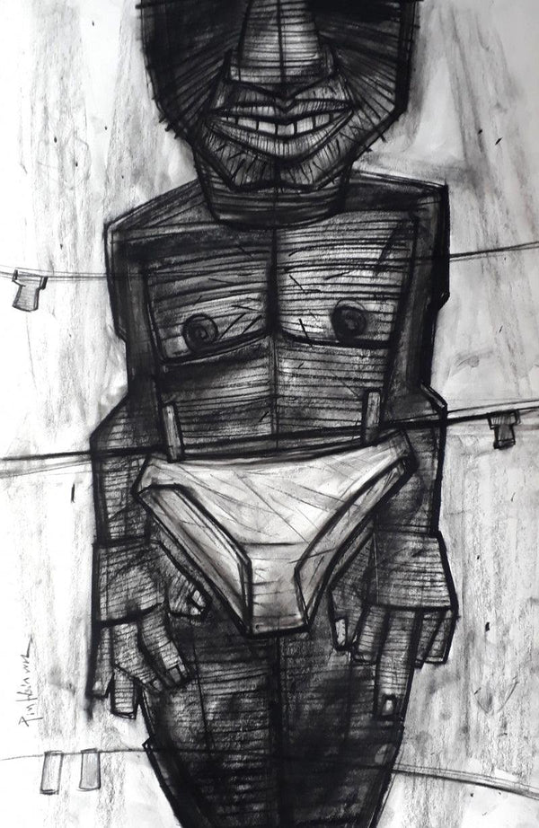 Figurative charcoal drawing titled 'Overlap', 27x17 inches, by artist Pintu Biswas on 300 Gsm Paper