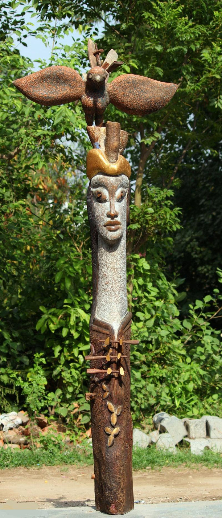 Figurative sculpture titled 'Owl Whisper', 79x20x12 inches, by artist Chander Parkash on Wood