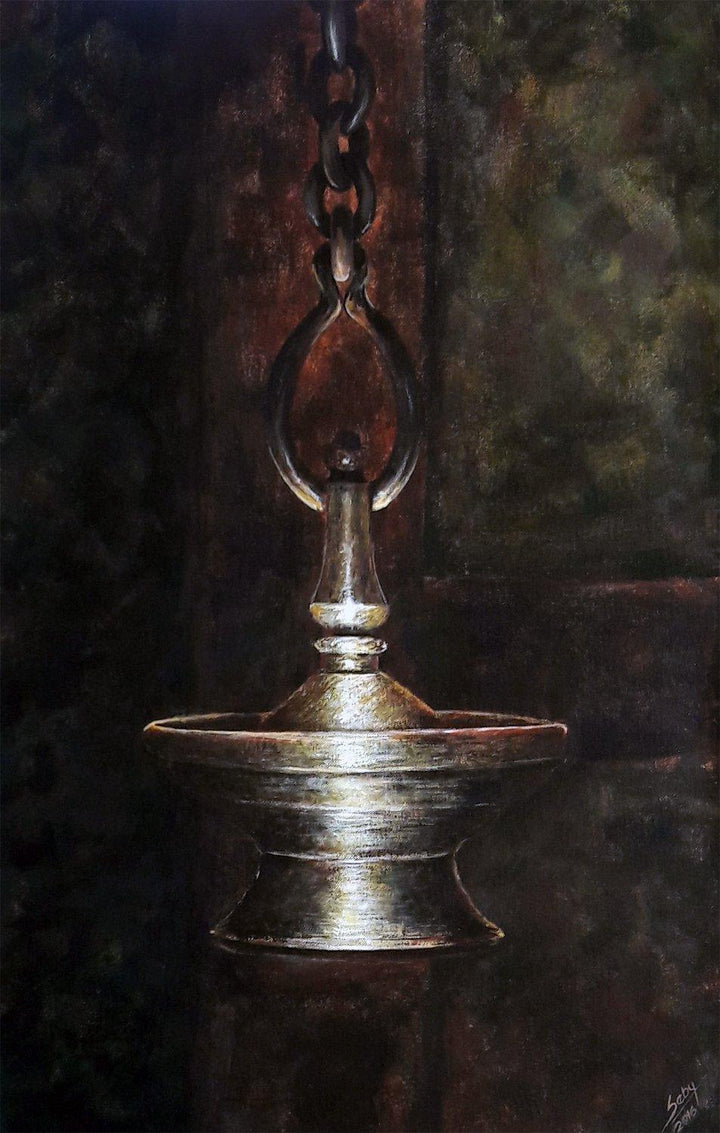 Still-life acrylic painting titled 'P162 24x36 2016 Sp14290 Thookkuvilakku', 36x24 inches, by artist Seby Augustine on Canvas