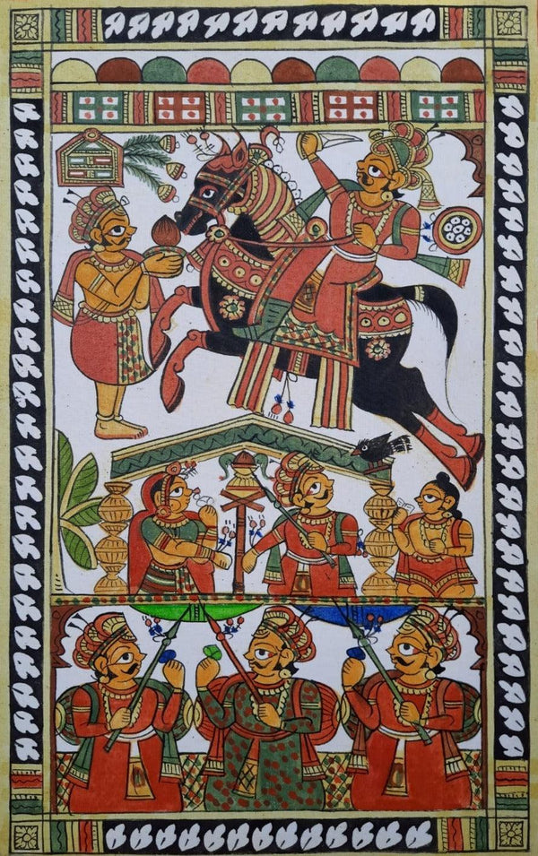 Religious phad traditional art titled 'Pabu Ji Marriage', 18x12 inches, by artist Abhishek Joshi on Handmade Canvas