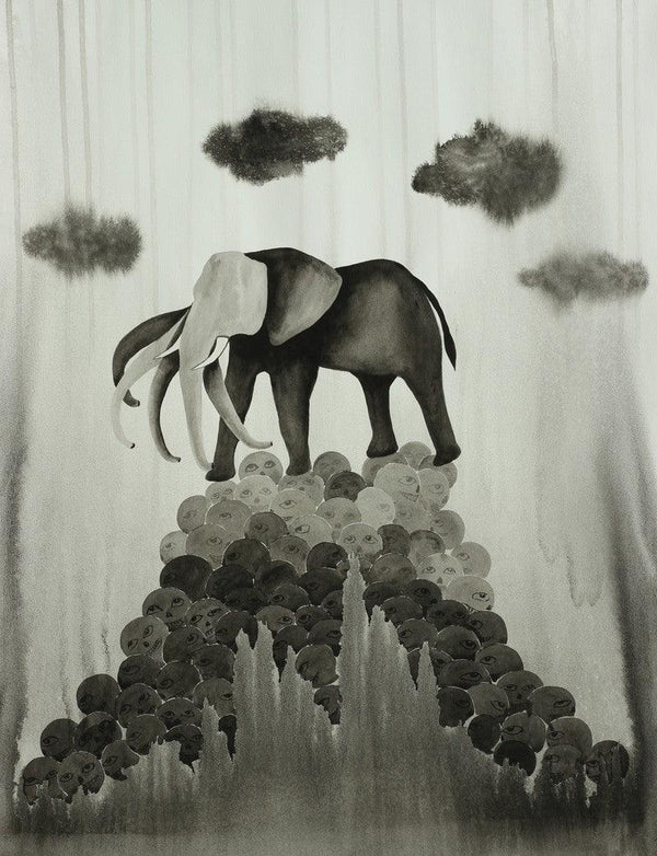 Animals ink drawing titled 'Pachydermic Pressure 1', 25x19 inches, by artist Pravin Dhanuskar on Paper