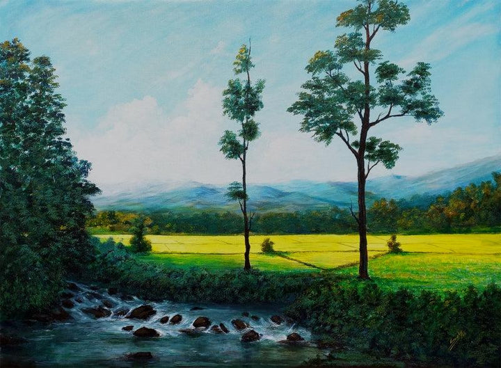 Nature acrylic painting titled 'Paddy Field', 36x48 inches, by artist Seby Augustine on Canvas