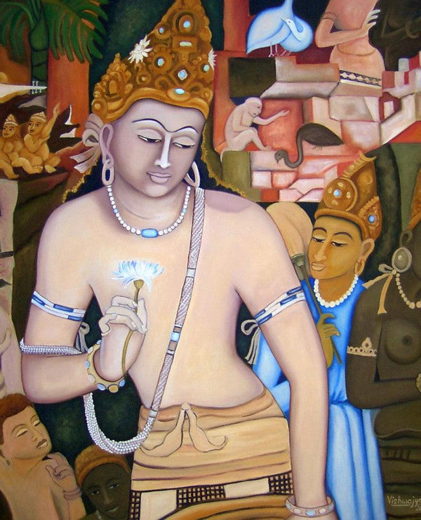 Religious oil painting titled 'Padmapani Ode To Ajanta', 30x25 inches, by artist Vishwajyoti Mohrhoff on Canvas