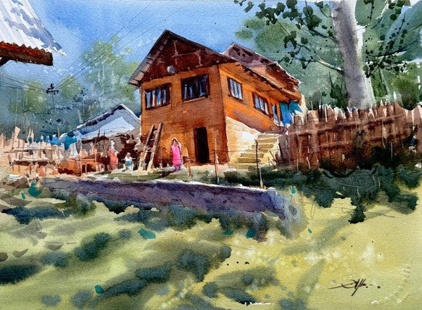 Landscape watercolor painting titled 'Pahalgam', 11x15 inch, by artist Achintya Hazra on Paper