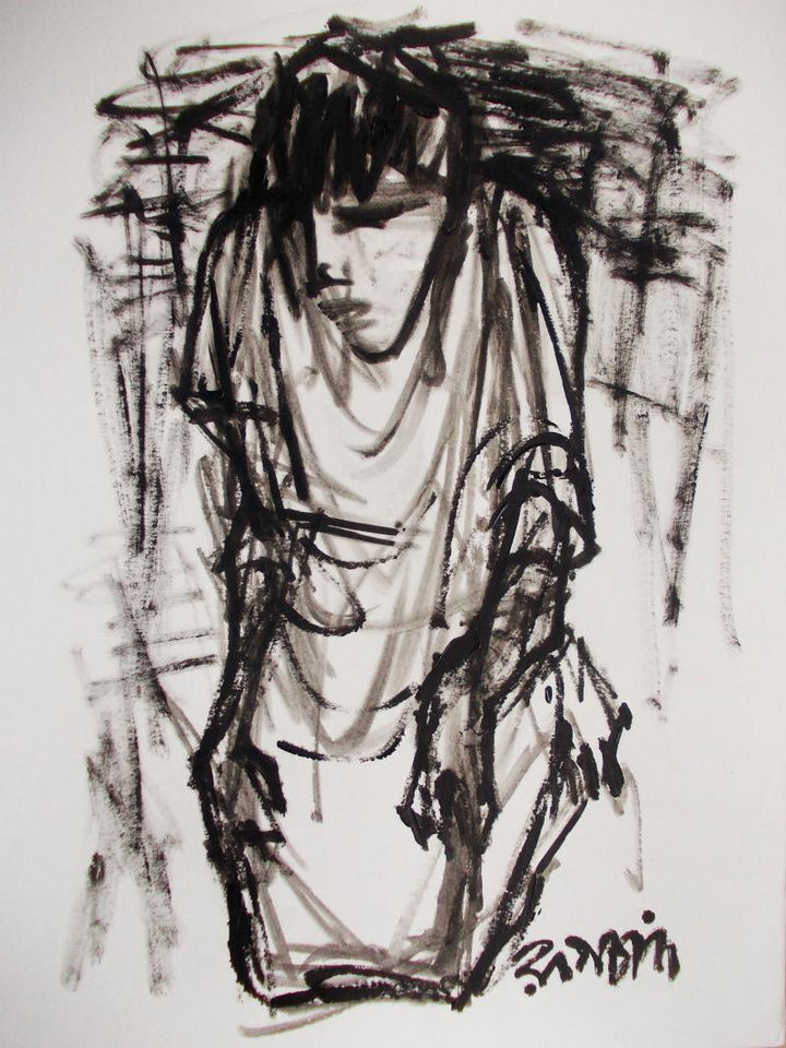 Figurative pen ink drawing titled 'Pain 2', 11x14 inches, by artist Rupchand Kundu on Paper