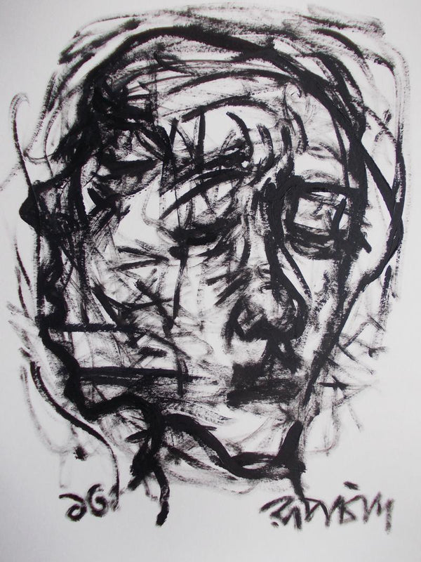 Figurative pen ink drawing titled 'Pain 7', 11x14 inches, by artist Rupchand Kundu on Paper