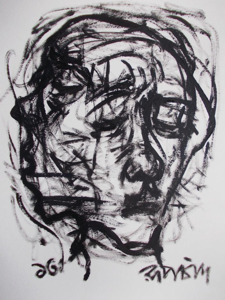 Figurative pen ink drawing titled 'Pain 7', 11x14 inches, by artist Rupchand Kundu on Paper