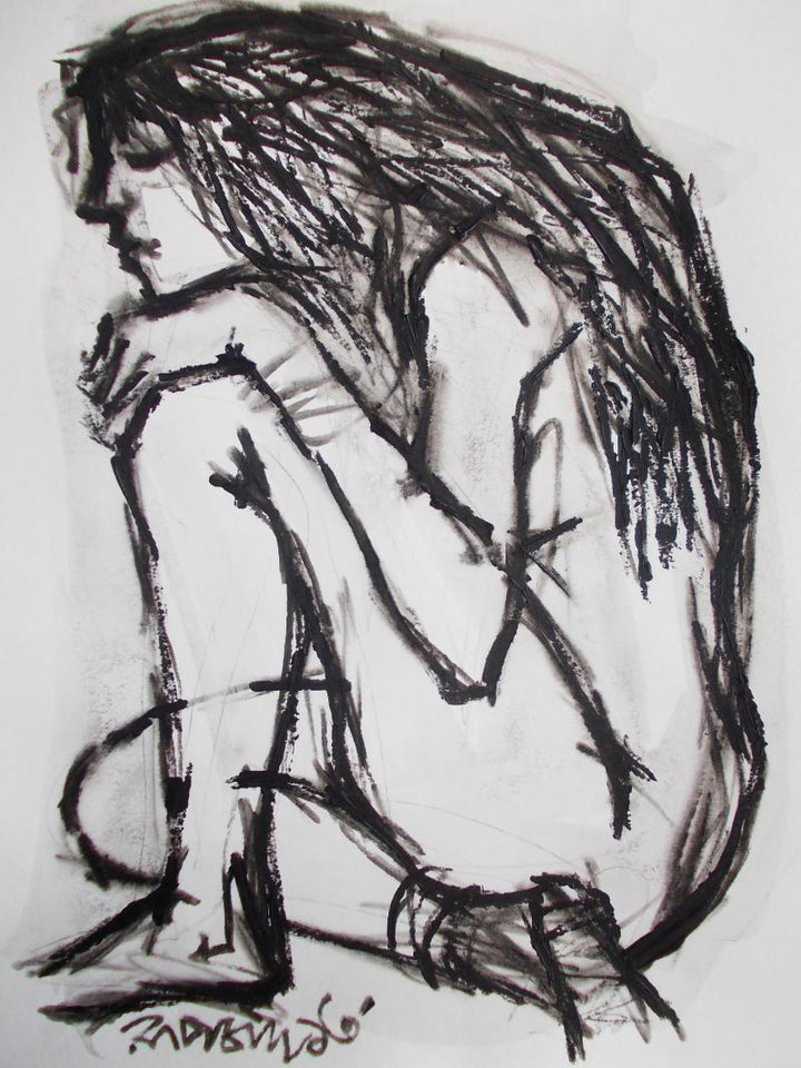 Nude pen ink drawing titled 'Pain 8', 11x14 inches, by artist Rupchand Kundu on Paper