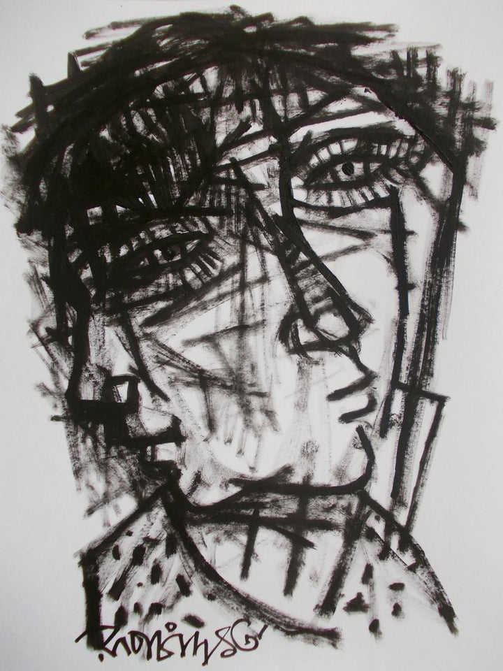 Figurative pen ink drawing titled 'Pain 9', 11x14 inches, by artist Rupchand Kundu on Paper