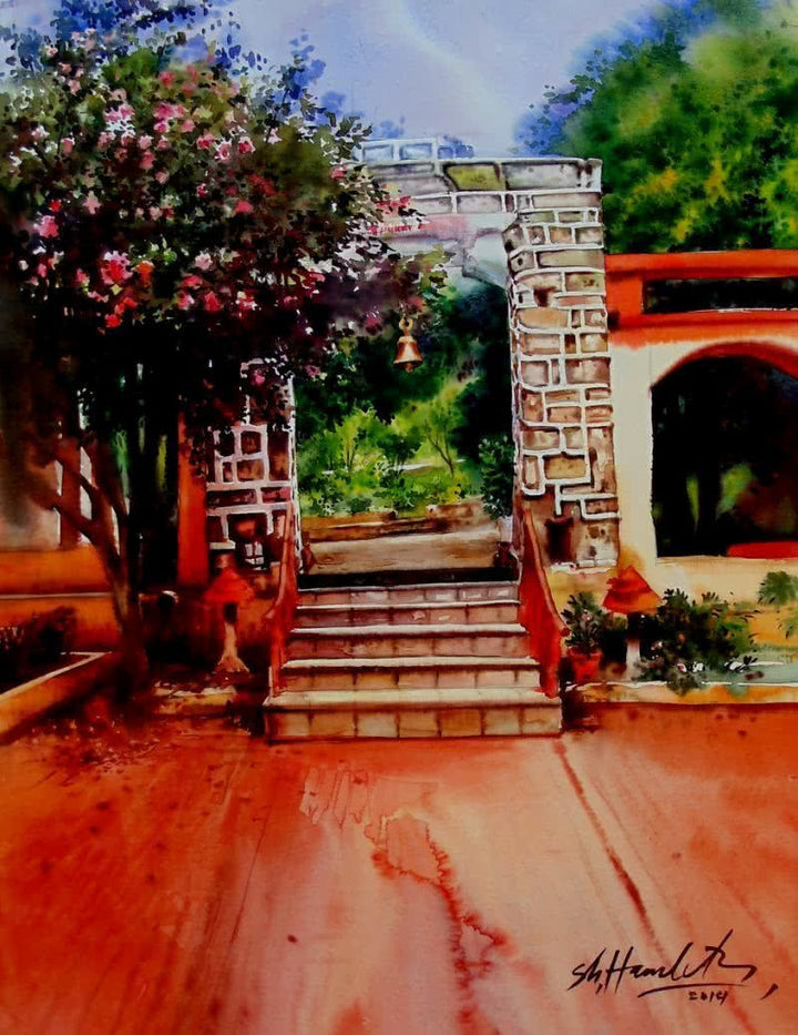 Landscape watercolor painting titled 'Painting No 03 Water Color On Acid Free', 26x20 inches, by artist Hamlet Shougrakpam on Acid Free Paper