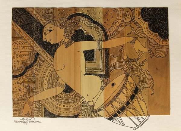 Figurative ink drawing titled 'Palm Leaf Art IV', 6x9 inches, by artist Manikandan Punnakkal on Leaf