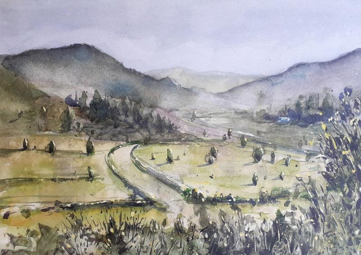 Landscape watercolor painting titled 'Panaromic landscape', 14x11 inches, by artist Mrutyunjaya Dash on paper