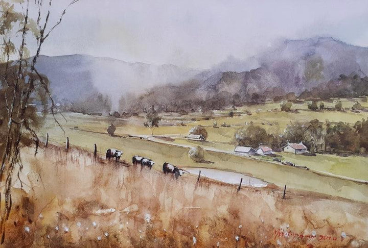 Landscape watercolor painting titled 'Panaromic pastures', 15x11 inches, by artist Mrutyunjaya Dash on Paper