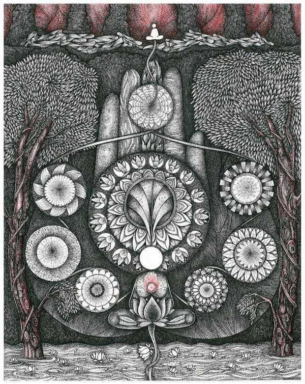 meditation pen ink drawing titled 'Pancha Bootham', 15x12 inches, by artist V Vasandan on Paper