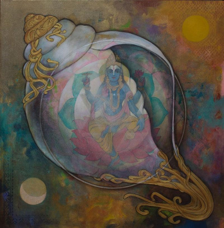 Religious acrylic painting titled 'Panchajanyam', 36x36 inches, by artist N P Rajeshwarr on Canvas