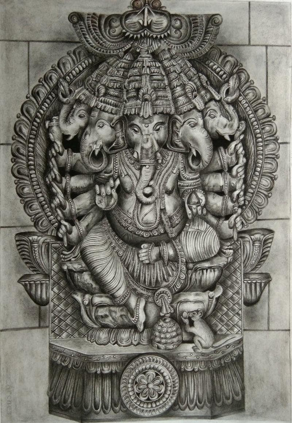 Religious charcoal drawing titled 'Panchamukhi Ganesha', 29x20 inches, by artist Preeti Ghule on Paper