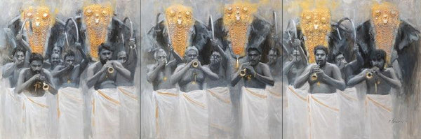 Figurative acrylic painting titled 'Panchari Melam', 48x144 inches, by artist Pankaj Bawdekar on Canvas