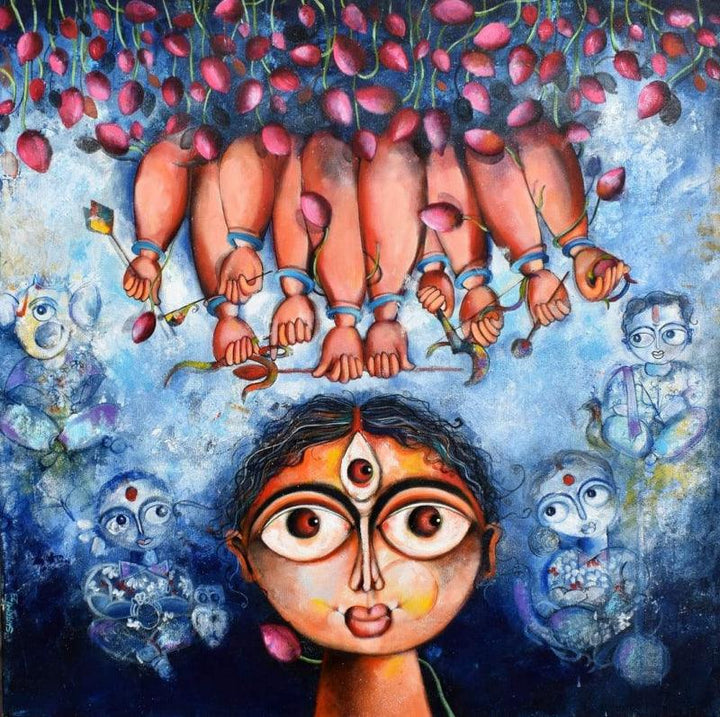 Religious acrylic painting titled 'Panchatatava', 36x36 inches, by artist Sharmi Dey on Canvas