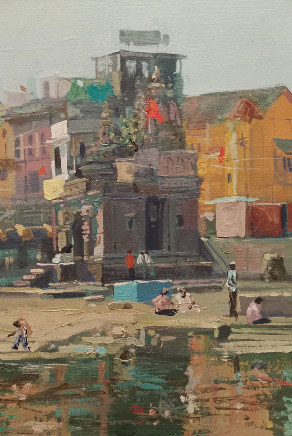 Religious acrylic painting titled 'Panchavati Ghat', 22x15 inch, by artist Suresh Nattar on Canvas