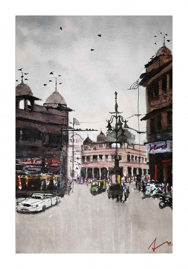 Cityscape watercolor painting titled 'Panchbatti Jaipur', 11x7 inches, by artist Arunava Ray on Paper