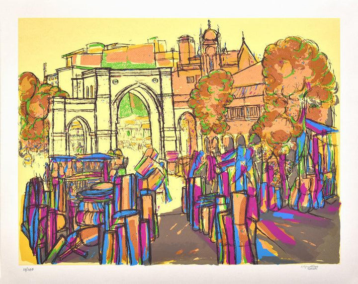 Cityscape serigraphs painting titled 'Panchkuva Darwaza', 24x30 inches, by artist Vrindavan Solanki on Paper