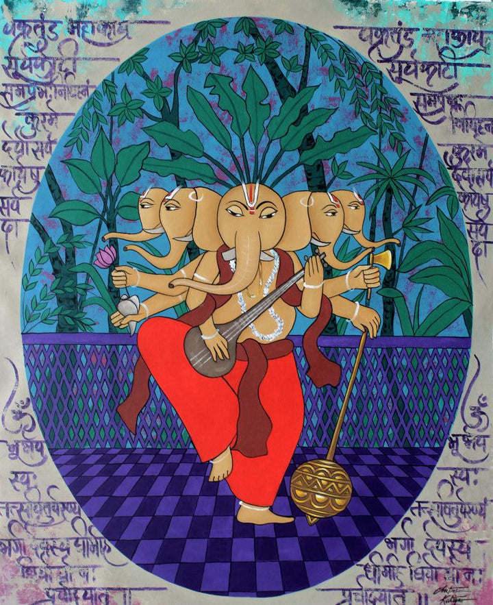 Religious acrylic painting titled 'Panchmukhi Ganesha', 38x47 inches, by artist Chetan Katigar on Canvas