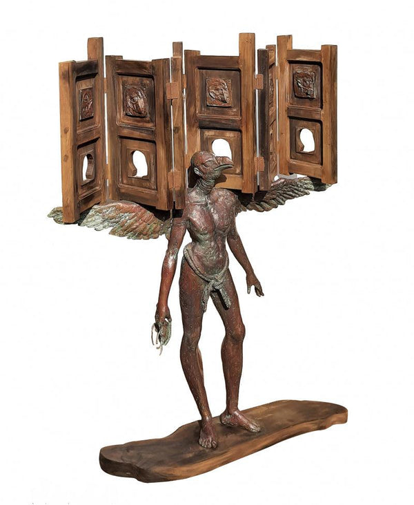 Figurative sculpture titled 'Pandemic Panel', 42x54x12 inches, by artist Rakesh Sadhak on Metal, Wood