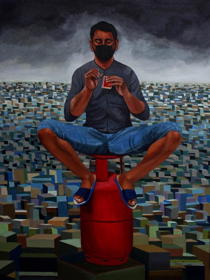 contemporary acrylic painting titled 'Pandemic Year 2020', 48x36 inches, by artist Neeraj Khandka on Canvas