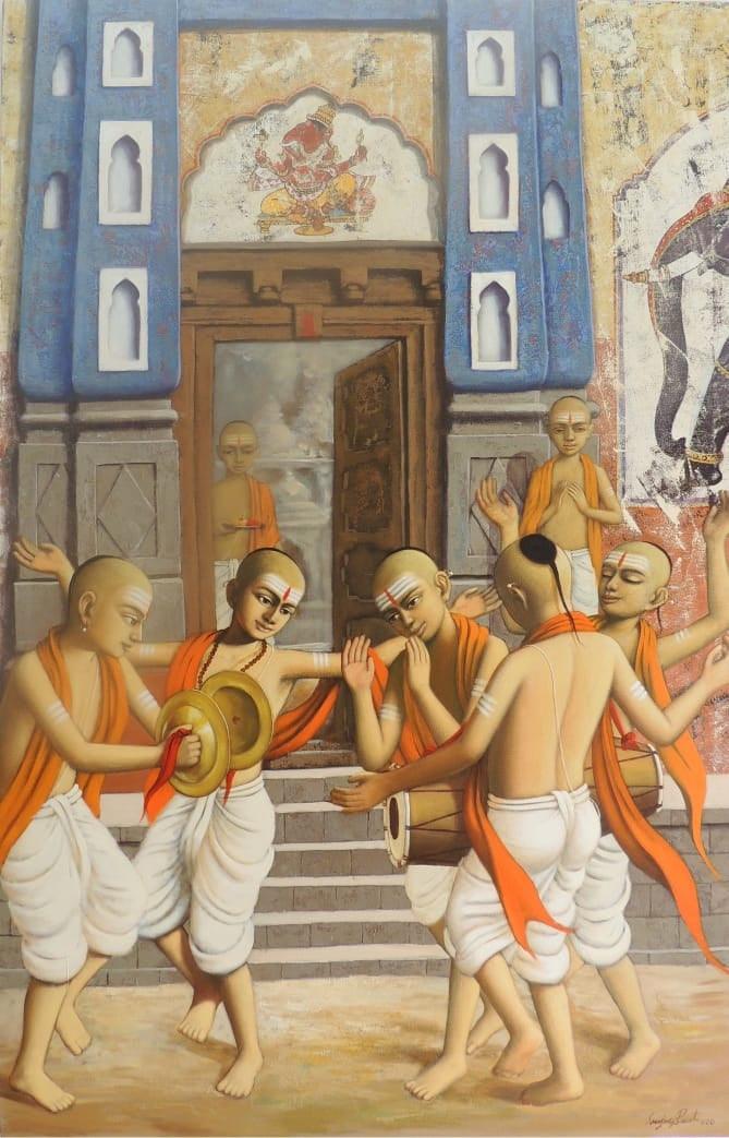 Religious acrylic painting titled 'Pandit 10', 67x48 inches, by artist Sanjay Raut on Canvas