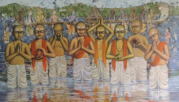 Religious acrylic painting titled 'Pandit 11', 48x84 inches, by artist Sanjay Raut on Canvas