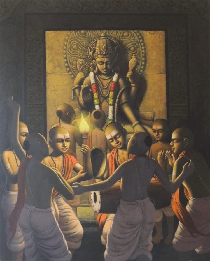 Religious acrylic painting titled 'Pandit 12', 60x48 inches, by artist Sanjay Raut on Canvas