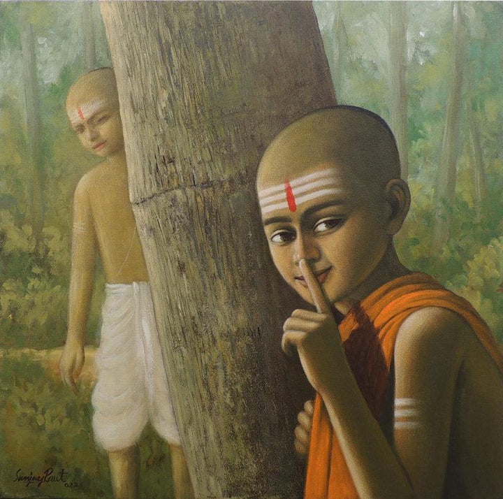 Religious acrylic painting titled 'Pandit 13', 24x24 inches, by artist Sanjay Raut on Canvas