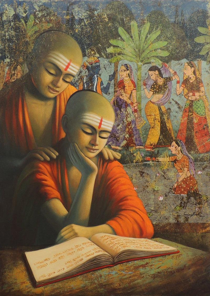 Religious acrylic painting titled 'Pandit 19', 40x30 inches, by artist Sanjay Raut on Canvas